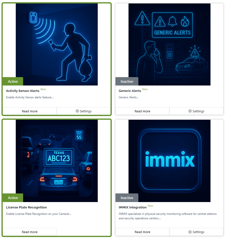 Activity Sensor Alerts, Advanced AI Human/Vehicle Attributes, License Plate Recognition, IMMIX Integration