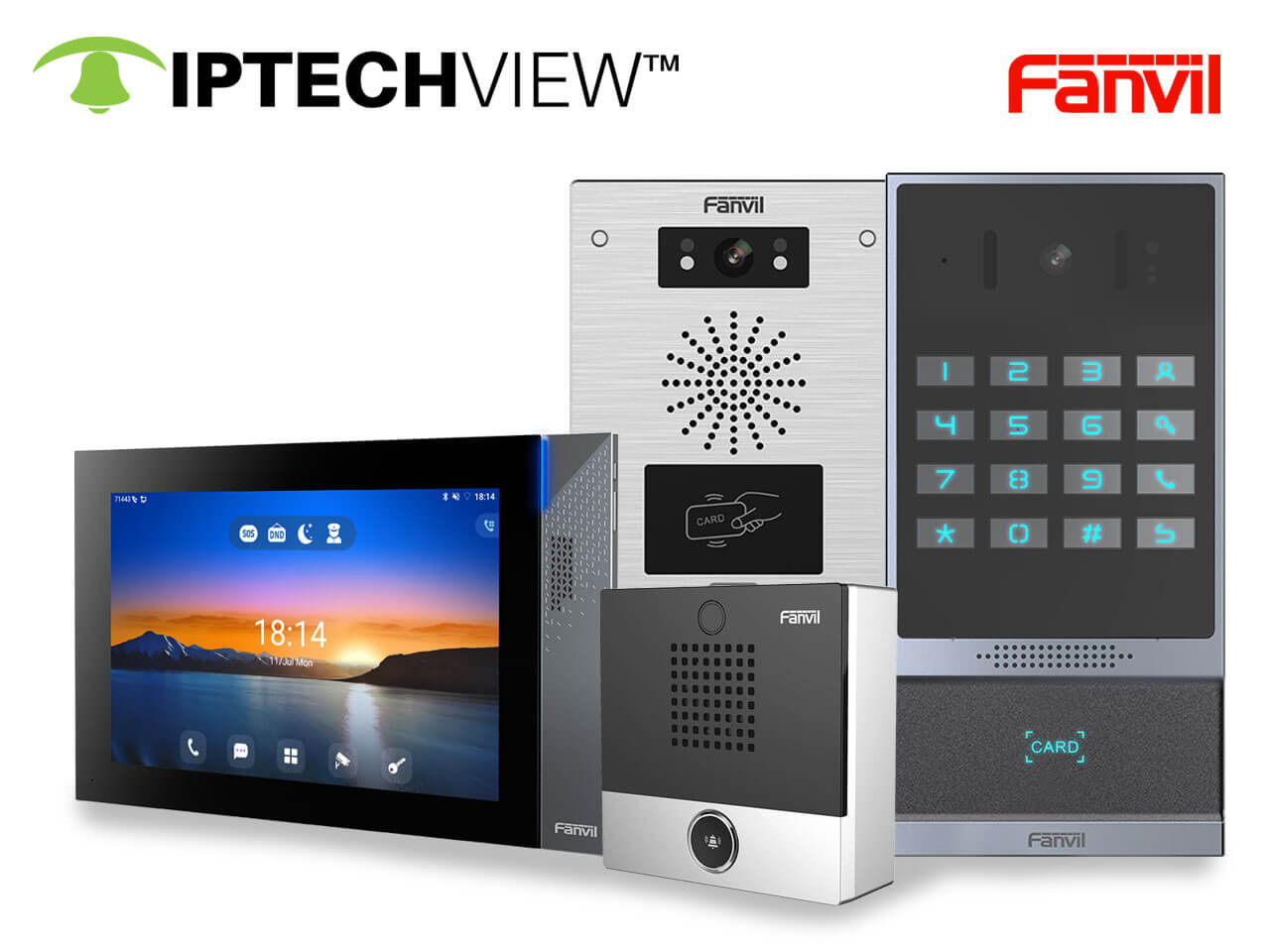 De izquierda a derecha: Estación interior Fanvil i57A SIP, Videoportero i32V SIP, Videoportero i10SV y Videoportero i64